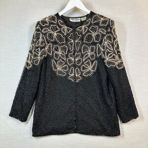 VINTAGE Night Vogue Beaded Jacket Medium Womans Silk Top Flower 80s